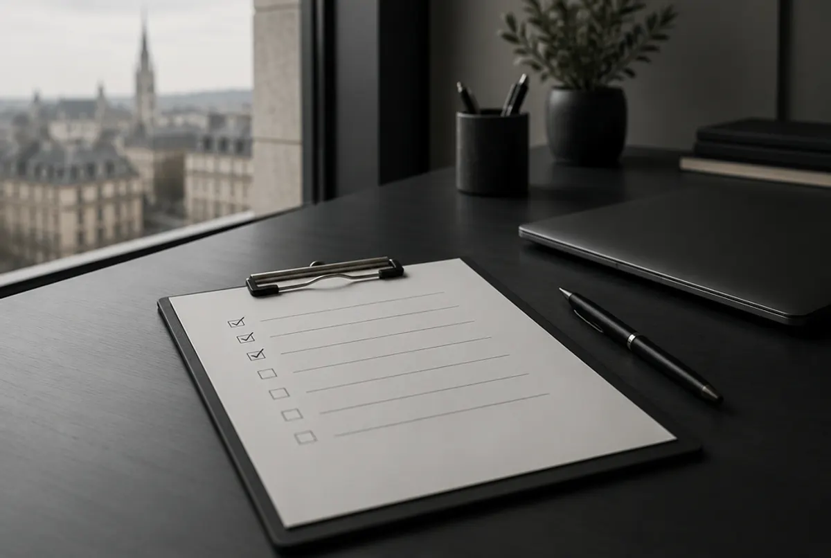 Checklist de conformité sur un porte-bloc, posée sur un bureau sombre