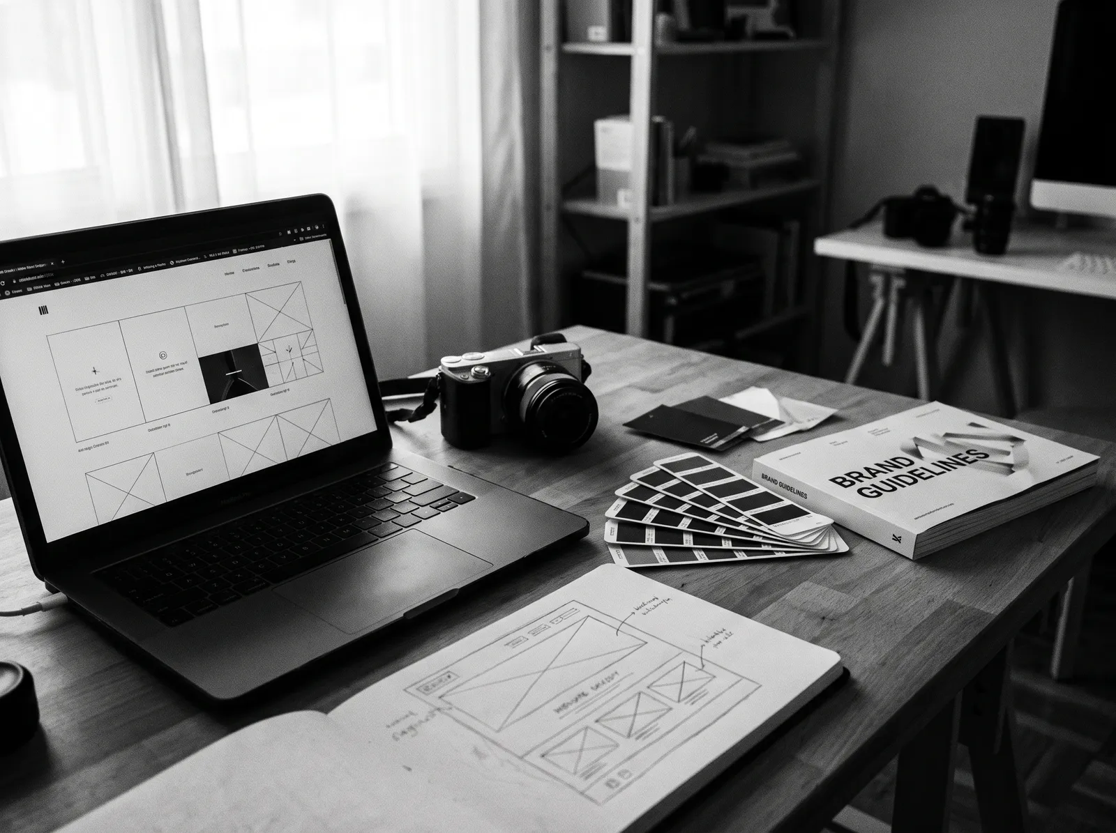 Bureau du studio : ordinateur portable avec une maquette de site, appareil photo et nuancier